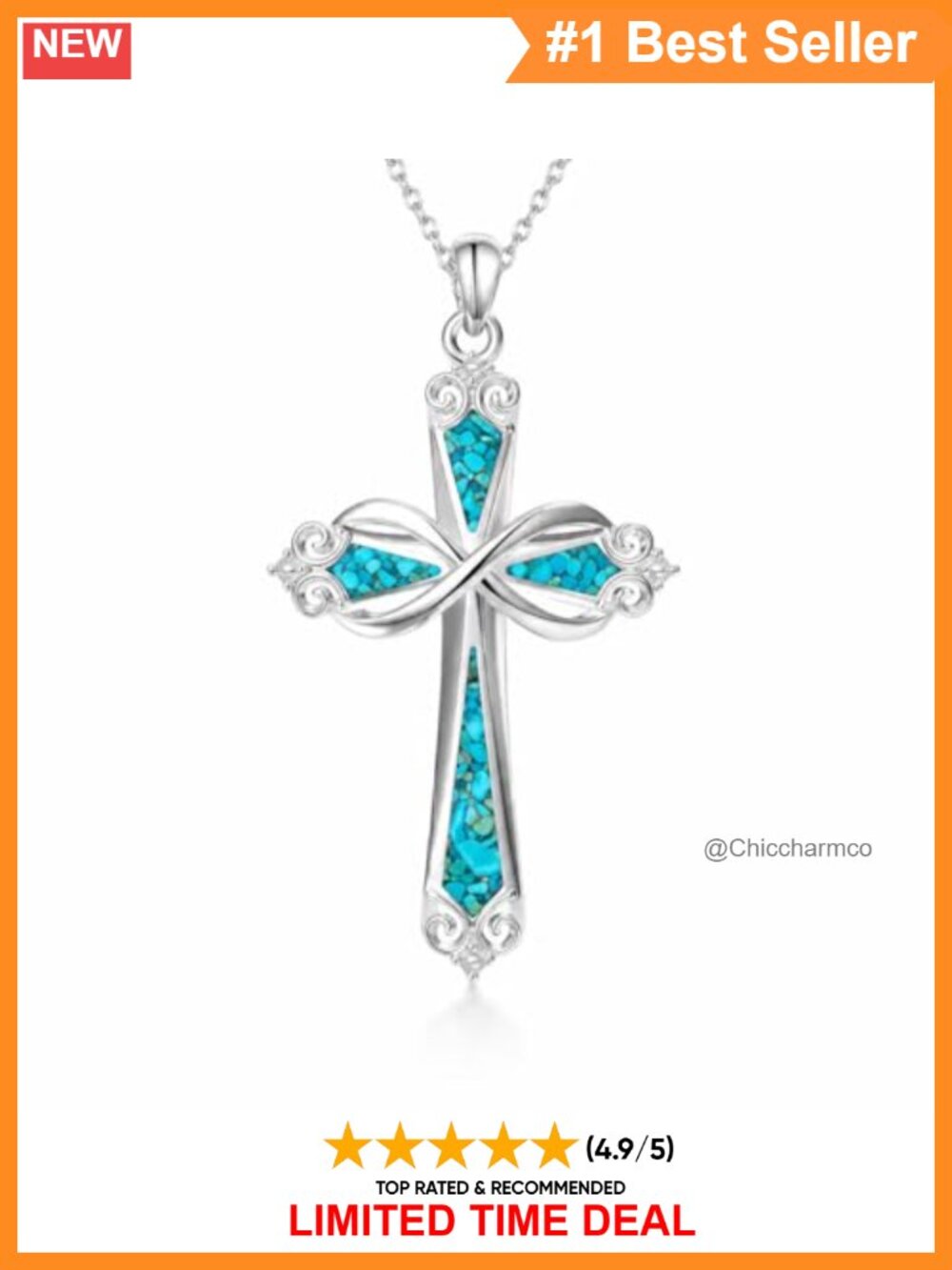 White Gold Plated Cross Necklace Turquoise Inlay Infinity Pendant